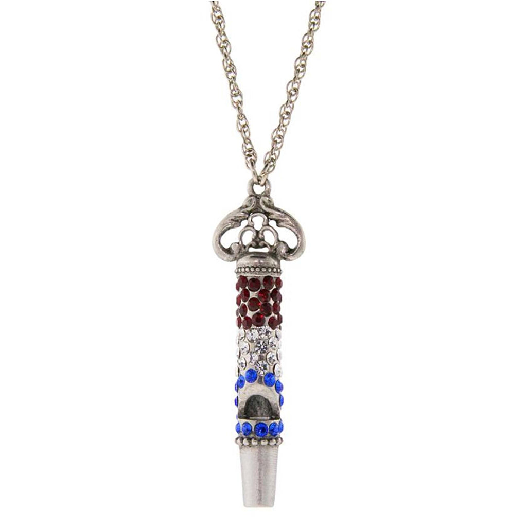 Pewter Crystal Pave Decorated Whistle Necklace 30 Inches Blue