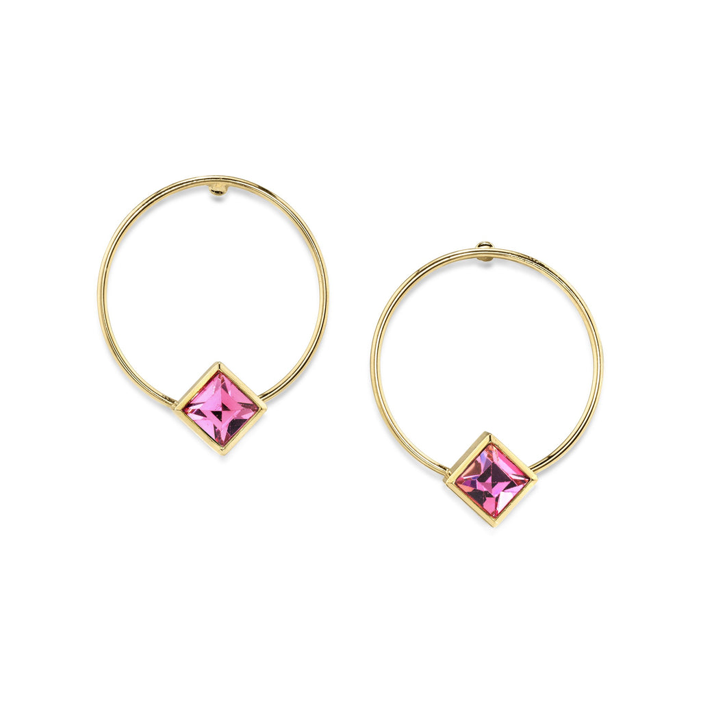 14K Gold Dipped Diamond Shape Crystal Hoop Post Earring Pink