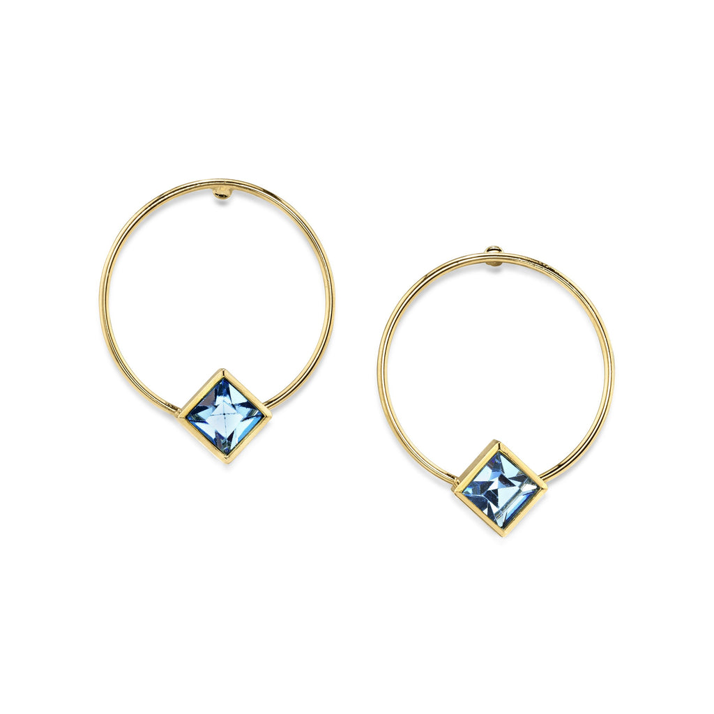 14K Gold Dipped Diamond Shape Crystal Hoop Post Earring Blue
