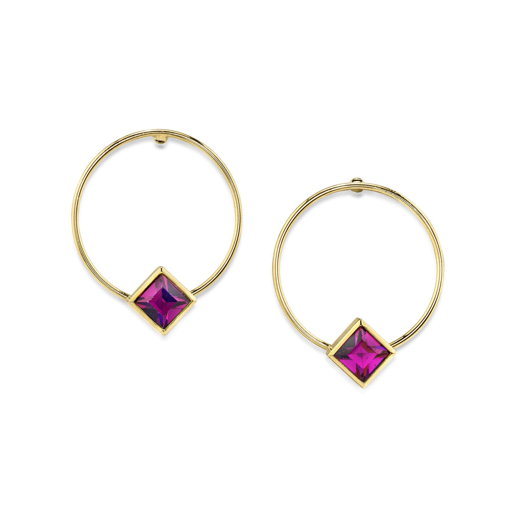 14K Gold Dipped Diamond Shape Crystal Hoop Post Earring Purple