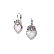 Silver Tone Crystal Genuine Mother Of Pearl Heart Lever Back Earrings