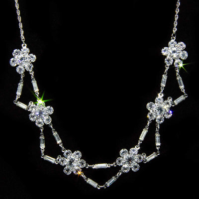 Silver Tone Swarovski Crystal Flower Baguette Necklace 15 In