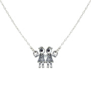 Pewter With Crystal 2 Girls Holding Hands Necklace 16 Inch