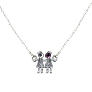 Pewter With Crystal 2 Girls Holding Hands Necklace Purple