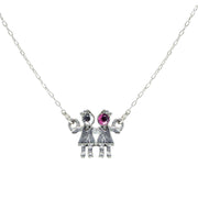 Pewter With Crystal 2 Girls Holding Hands Necklace Pink