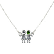 Pewter With Crystal 2 Girls Holding Hands Necklace Green