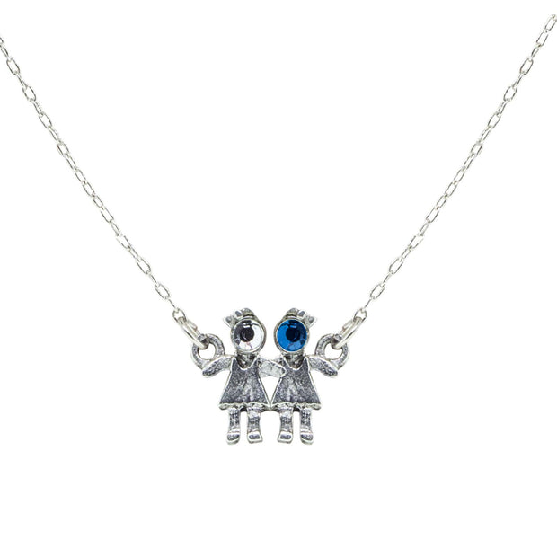 Pewter With Crystal 2 Girls Holding Hands Necklace Blue