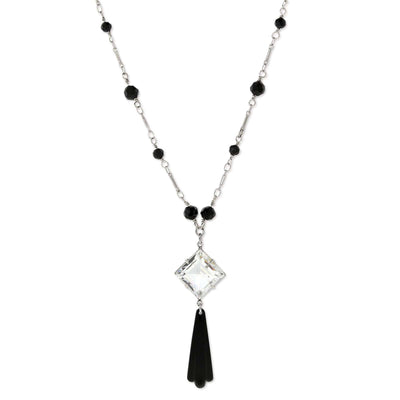 Silver Tone Black Bead Crystal Swarovski  Stone Necklace 16 Adj