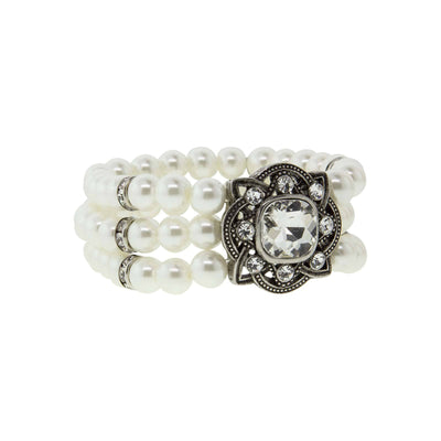 Three Row White Faux Pearl and Crystal Stretch Bracelet