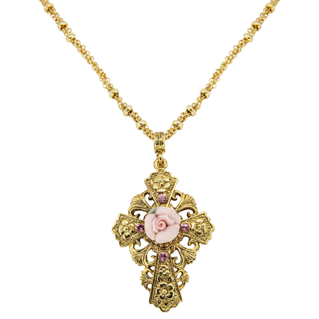Gold Tone Cross Porcelain Rose Cross Necklace 18 In