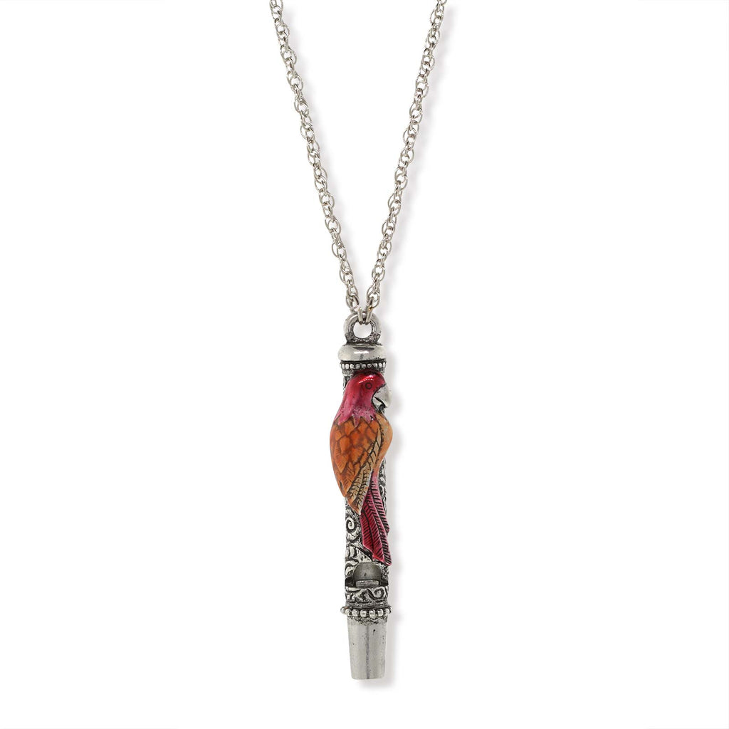 Pewter Orange And Red Enamel Parrot Whistle Necklace 30"