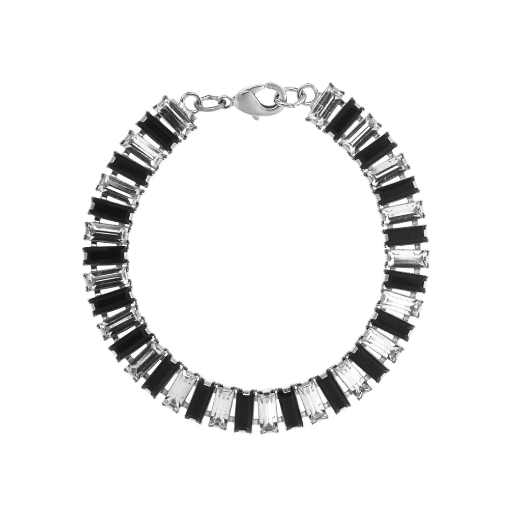 Silver Tone Crystal & Black Stone Chain Link Bracelet