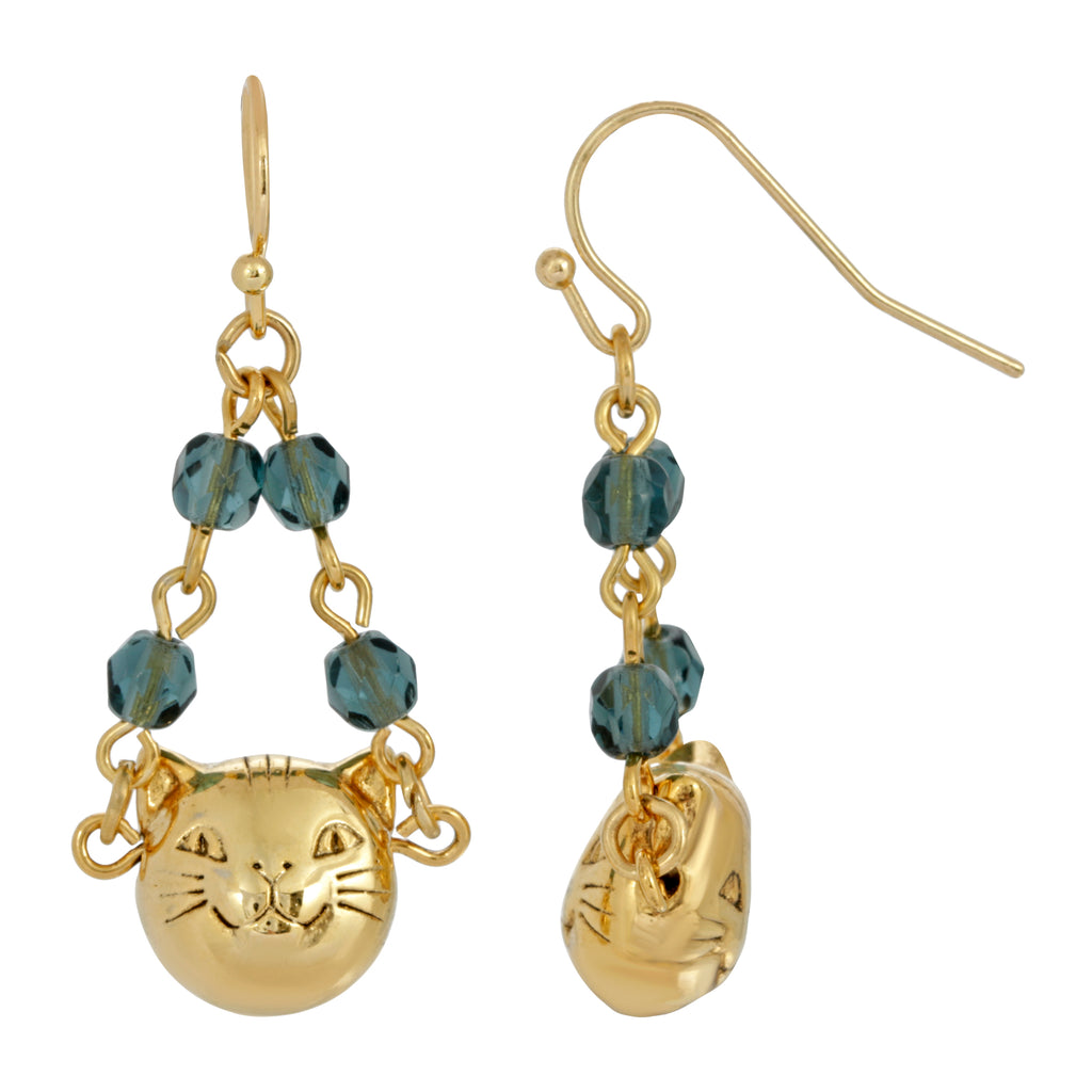 14K Gold Dipped Cat Face With  Blue Beaded Chain Drop Wire Earrings