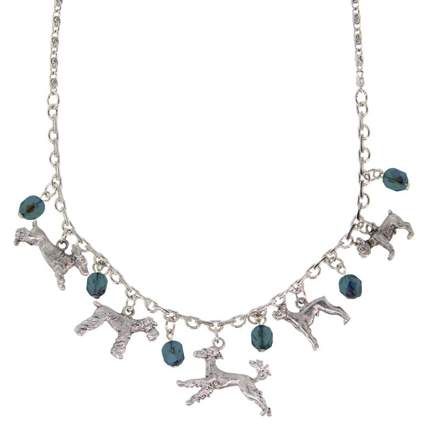 Pewter Crystal Beaded Multi Dog Drop Necklace 16 Adj. Blue