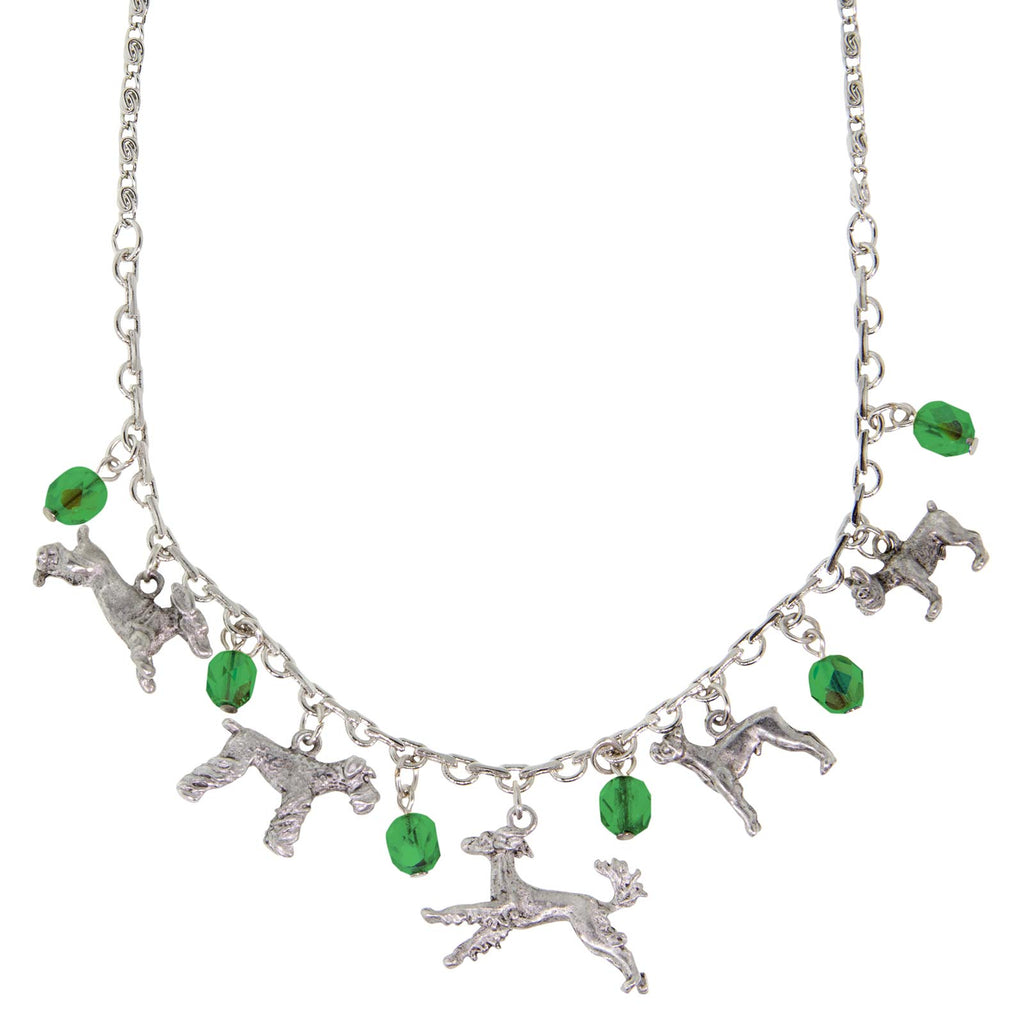 Pewter Crystal Beaded Multi Dog Drop Necklace 16 Adj. Green