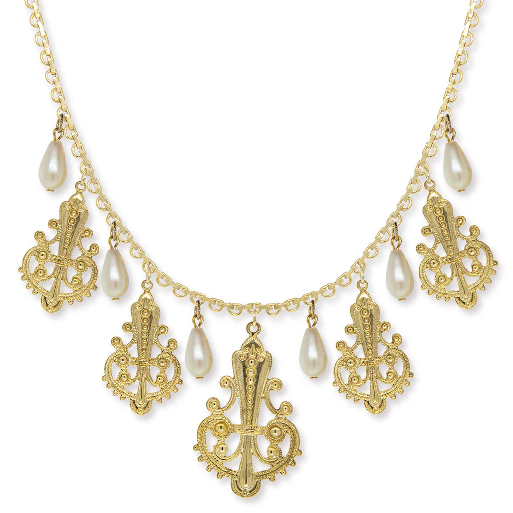 Filigree Drop With Faux Pearl Drop Necklace 16" + 3" Extender