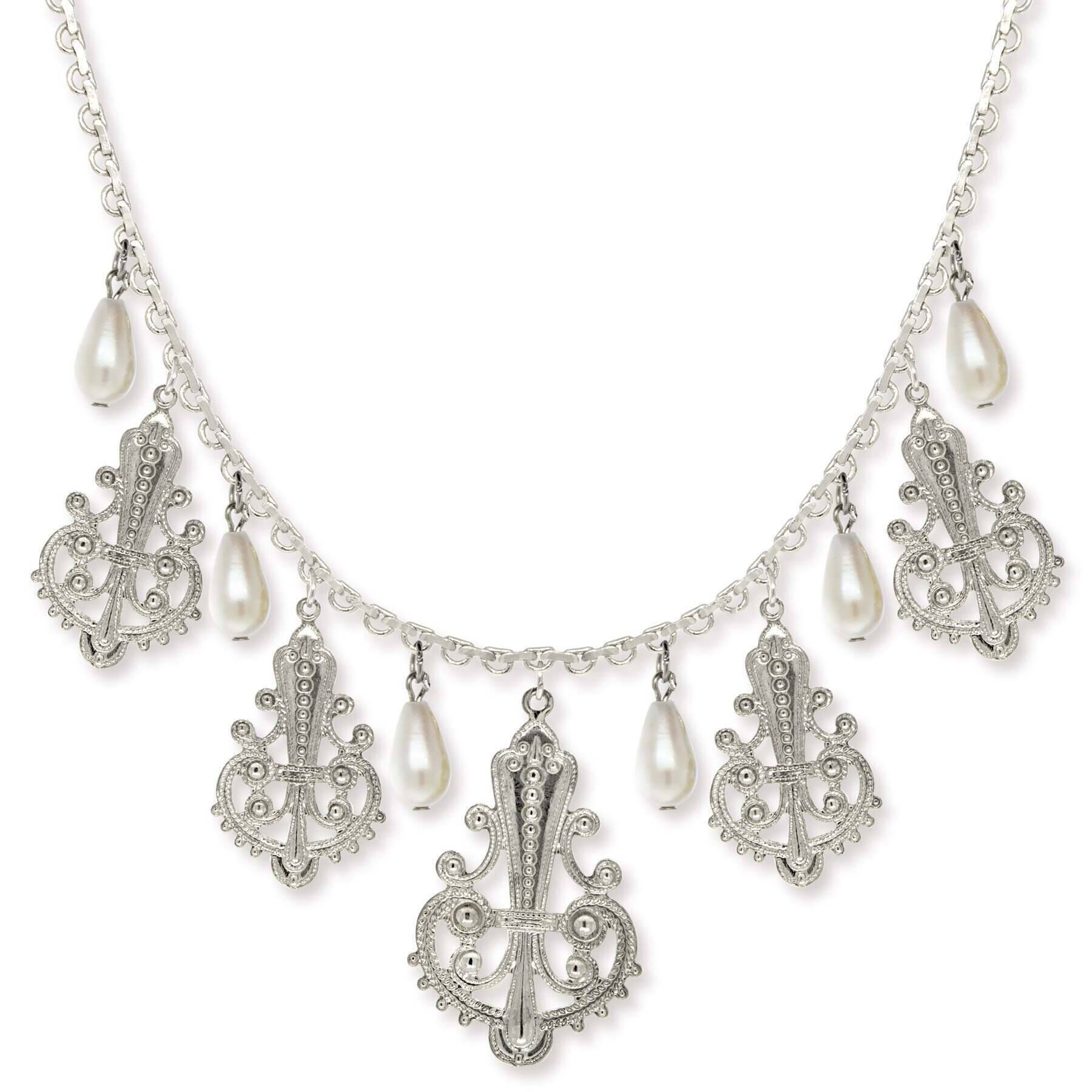 1928 Jewelry Royal Filigree Ornamental Drop Faux Pearl Necklace 16" + 3" Extender