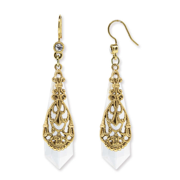 Gold Tone Filigree Over Clear Faceted Crystal Drop Earring