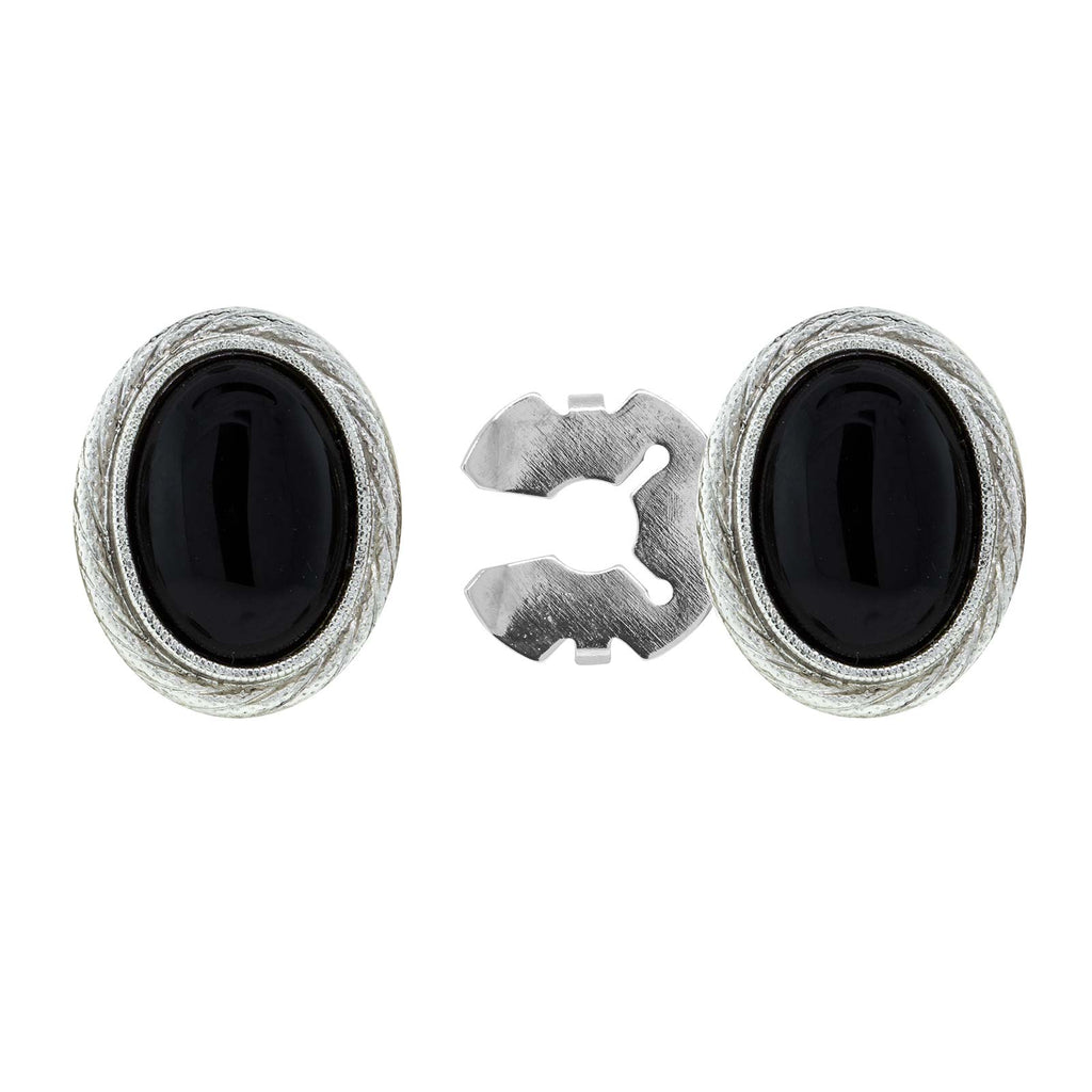 Silver Tone Genuine Stone Oval Button Cover Black Onyx