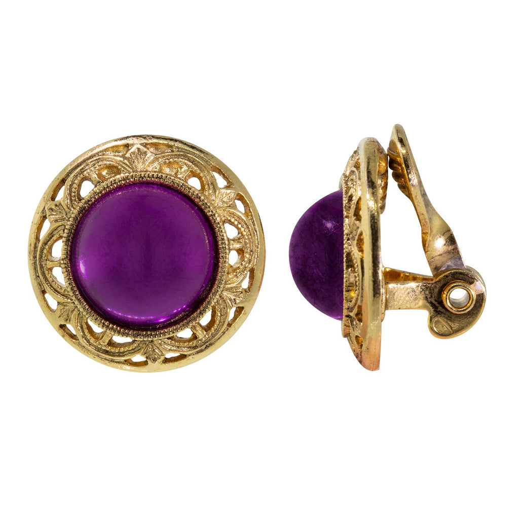 Round Purple Amethyst Button Clip Earrings