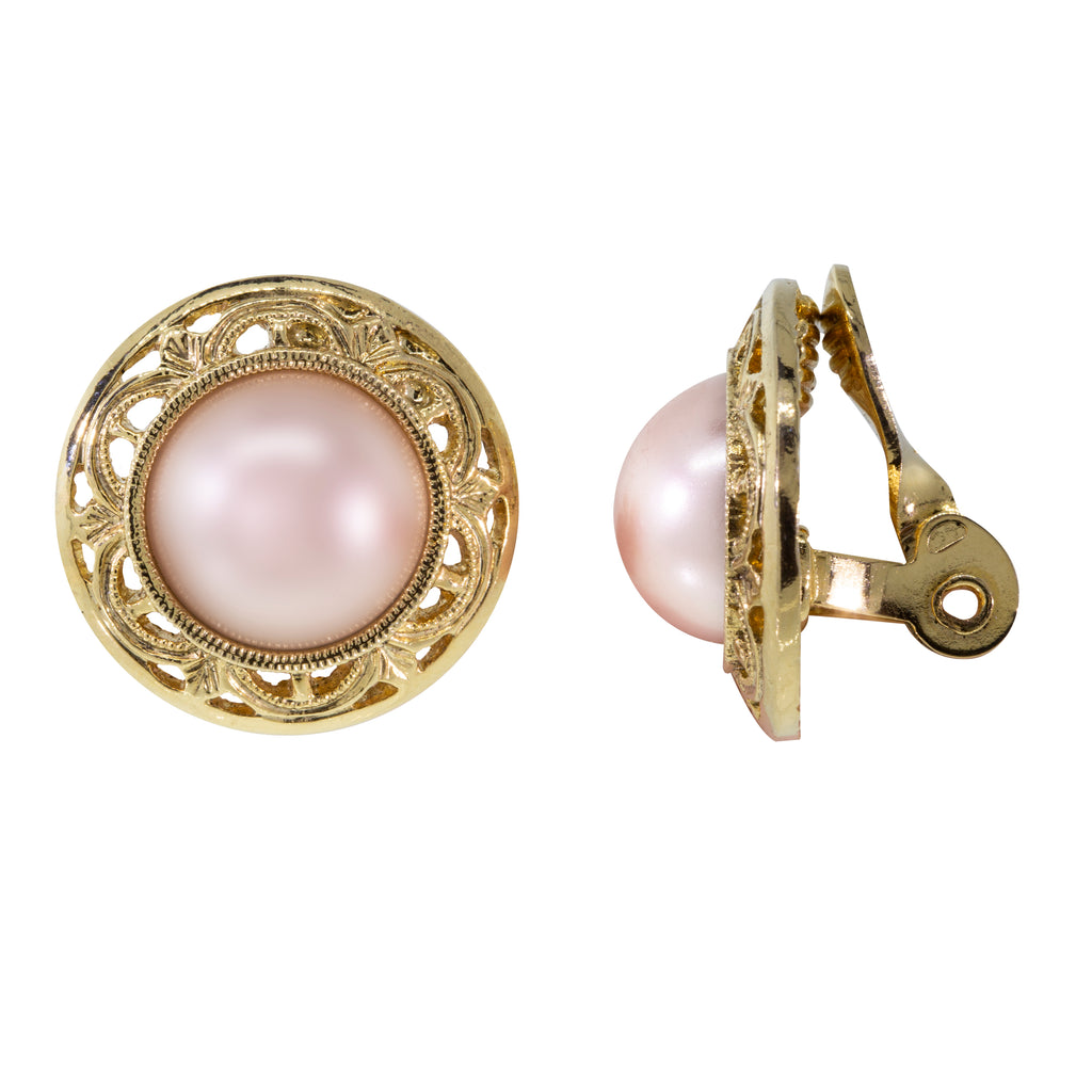 Pink Faux Pearl Button Clip On Earrings