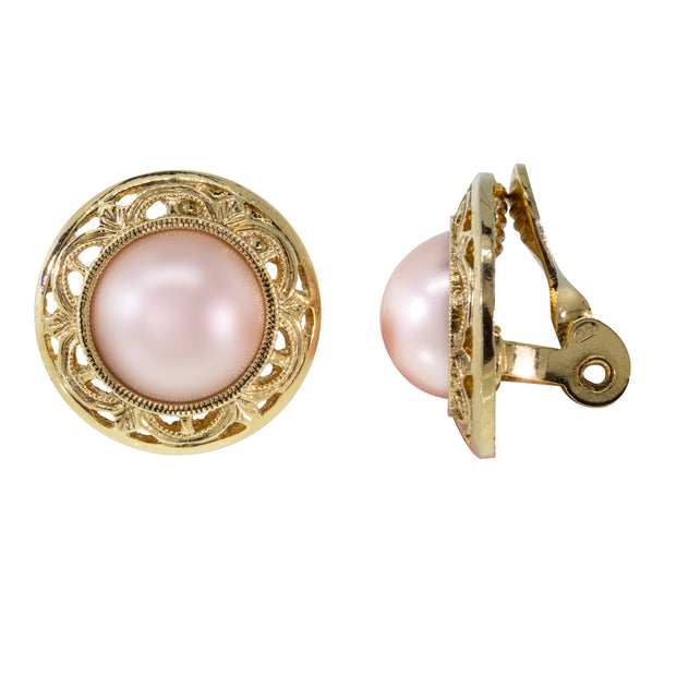 Pink Faux Pearl Button Clip On Earrings