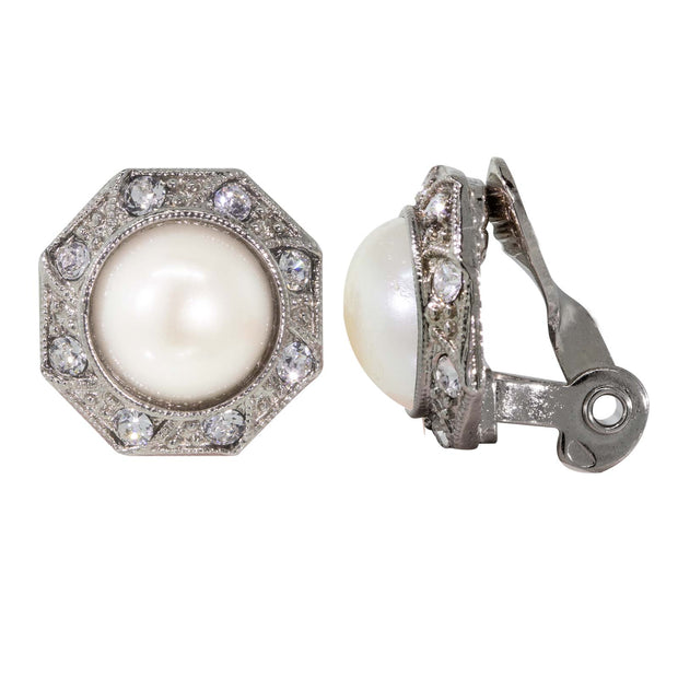 Faux Pearl Crystal Round Button Clip On Earrings