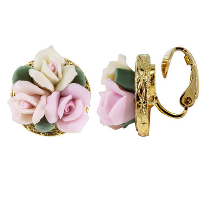Gold Tone 3 Flower Pink & White Porcelain Flower Round Button Clip On Earrings