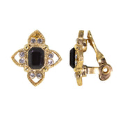 Gold Tone Crystal Rectangle Floral Clip On Earrings Black
