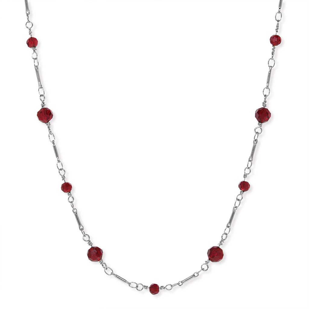 Silver Tone Beaded Chain Necklace 16 Inch Red
