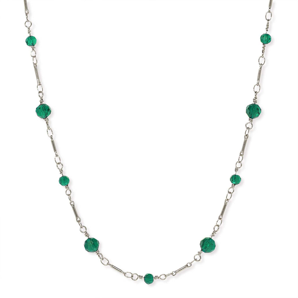 Silver Tone Beaded Chain Necklace 16 Inch Green