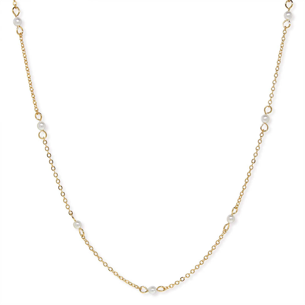 Gold Tone White Costume Pearl Chain Necklace 16 Inch