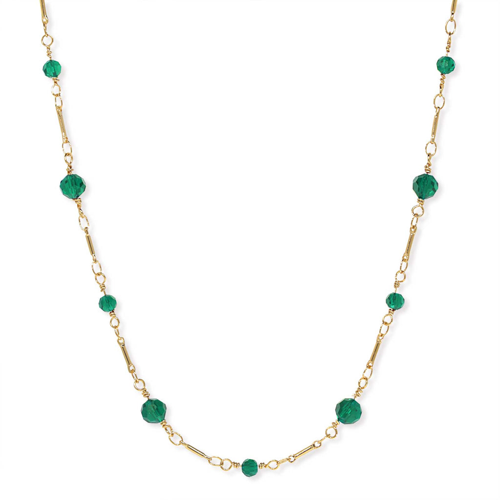 Gold Tone Beaded Chain Necklace 16 Inch Green
