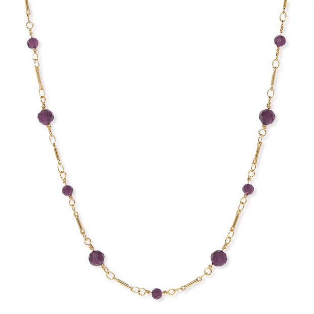 Gold Tone Beaded Chain Necklace 16 Inch Purple