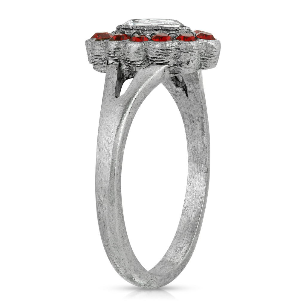 Lifestyle Pewter Diamond Shaped Crystal With Red Crystals Ring Size 7