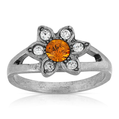 Pewter Yellow And Clear Crystal Floral Ring Size 7
