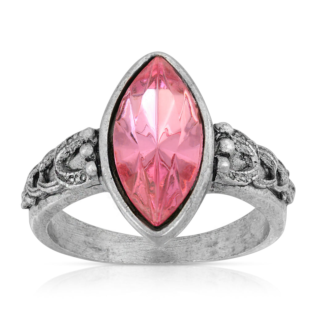 Pewter Diamond Shaped Pink Crystal Ring Size 7