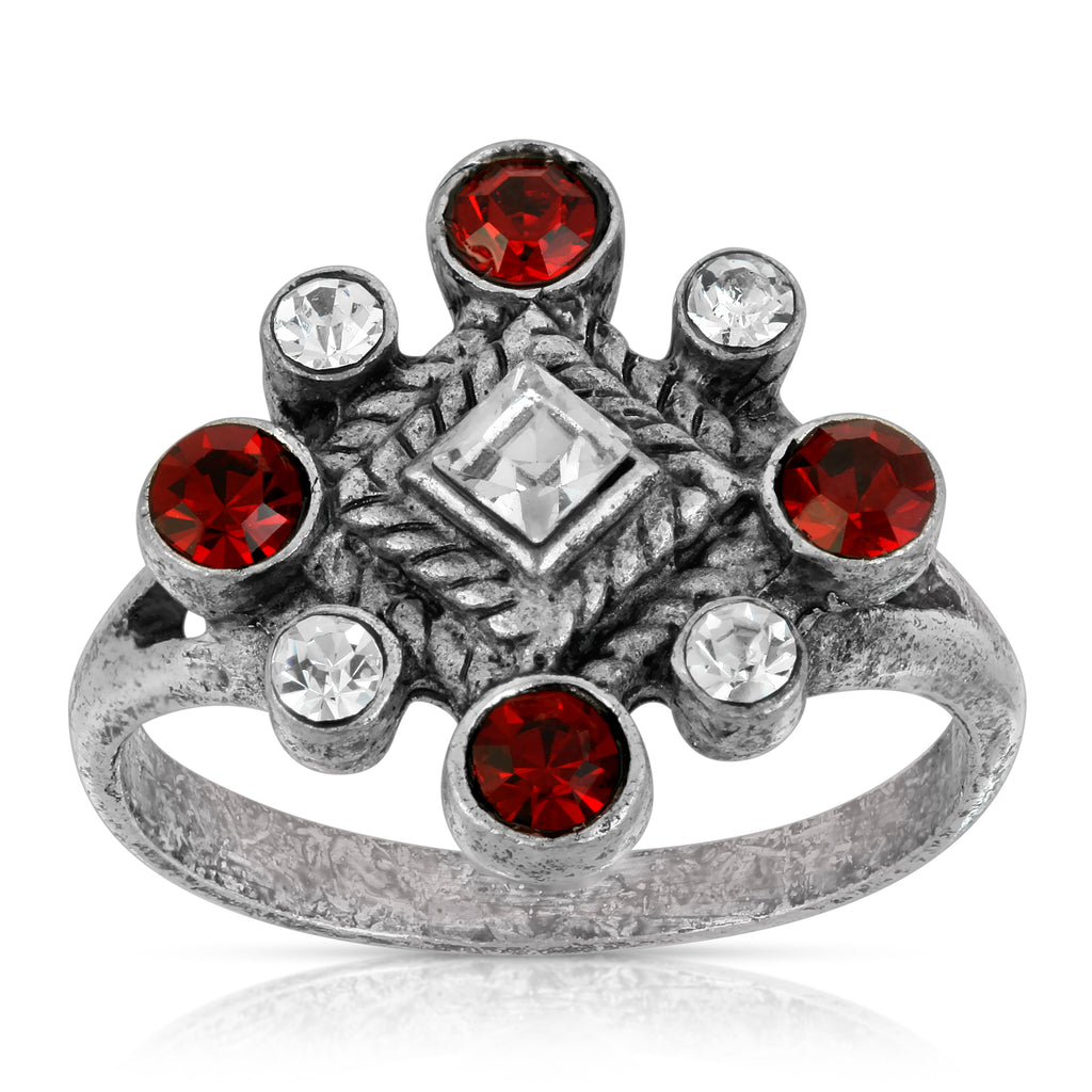 Pewter Red & Crystal Diamond Shaped Ring Size 7
