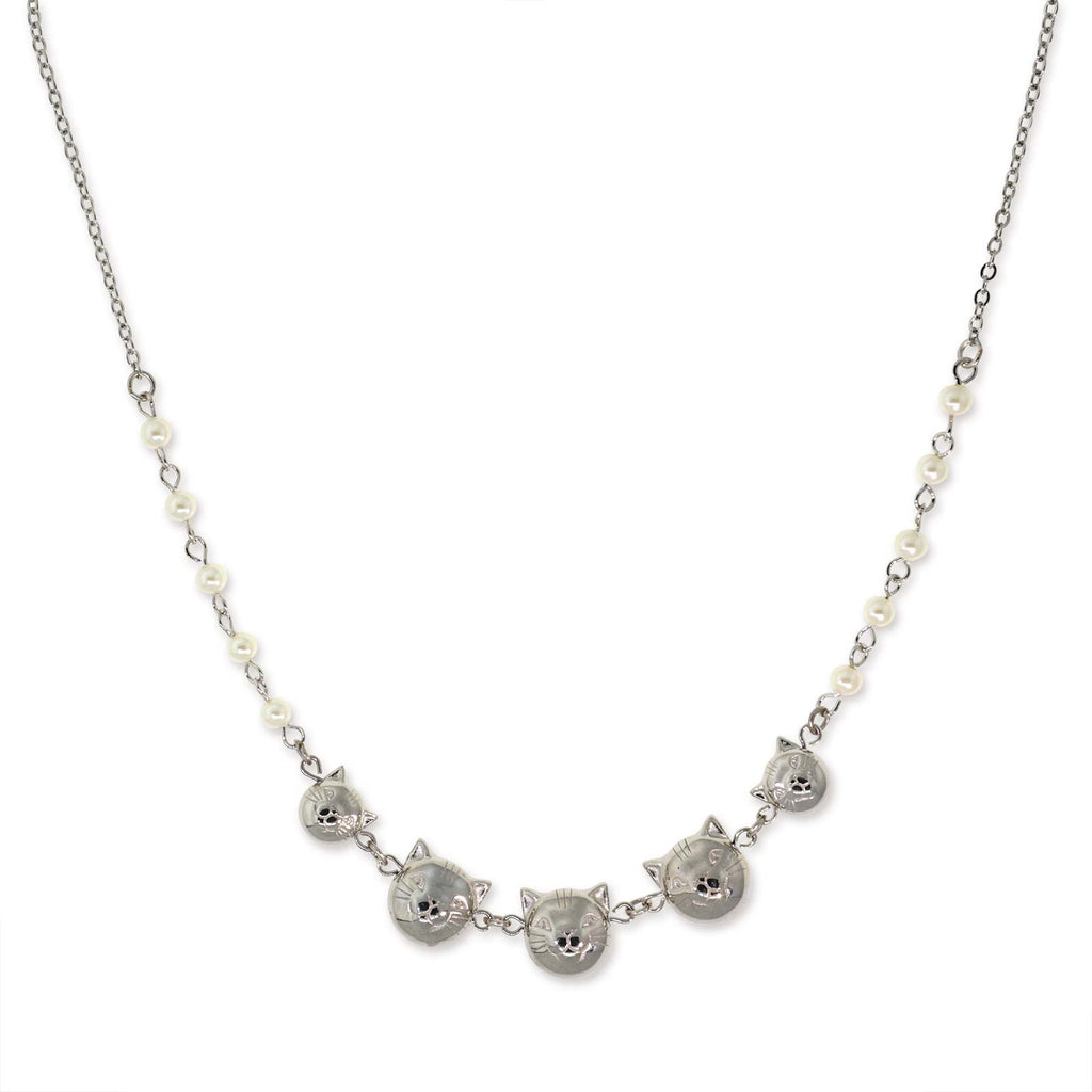 Silver Tone Multi Cat Face With Pearl Chain Necklace 16" Adj.
