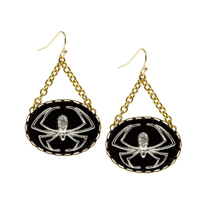 Gold Tone Round Silver Tone Spider With Black Enamel Chain Drop Wire Earring