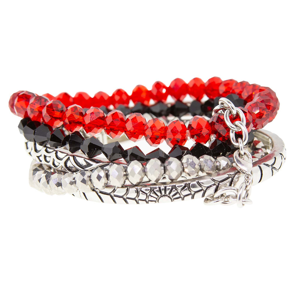 Silver Tone Red Black Grey  Beaded Stretch Multi Braclets