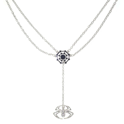 Silver Tone Spider Web With Crystal Spider Drop Necklace 16 Inch