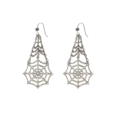 Silver Tone Crystal Spider Web Chain Drop Wire Earring