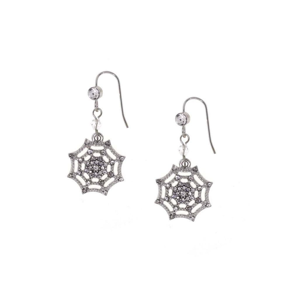 Silver Tone Crystal Spider Web Wire Drop Earring