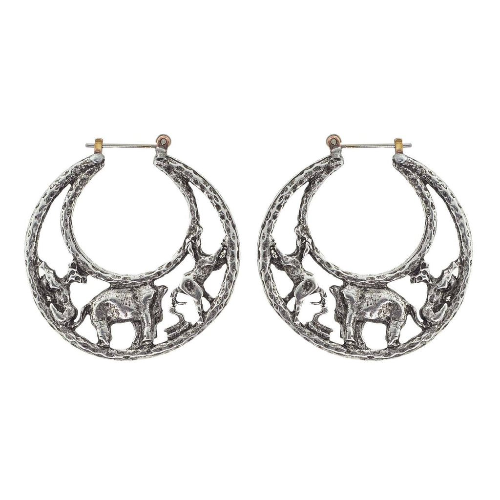 Silver Tone Elephant Hoop Earrings