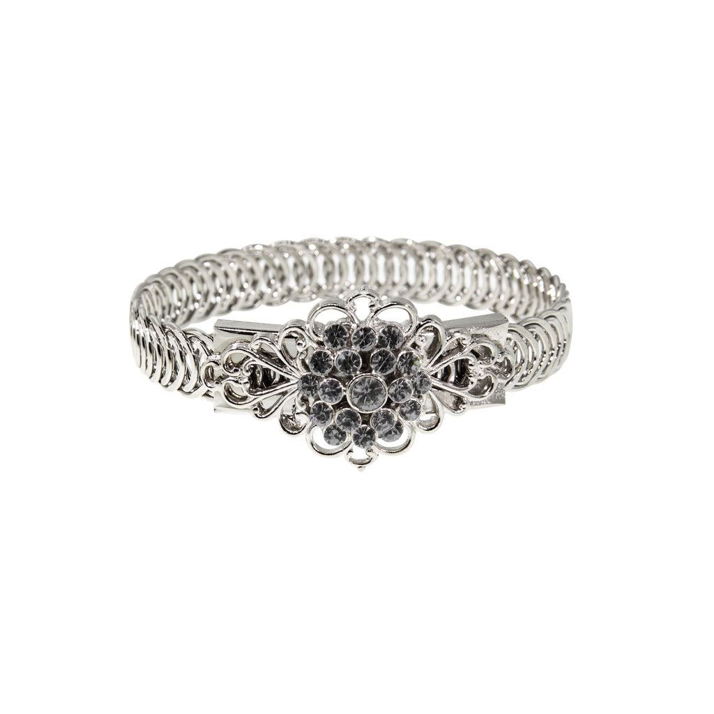 Silver Tone Crystal Flower Overlay Belt Bracelet