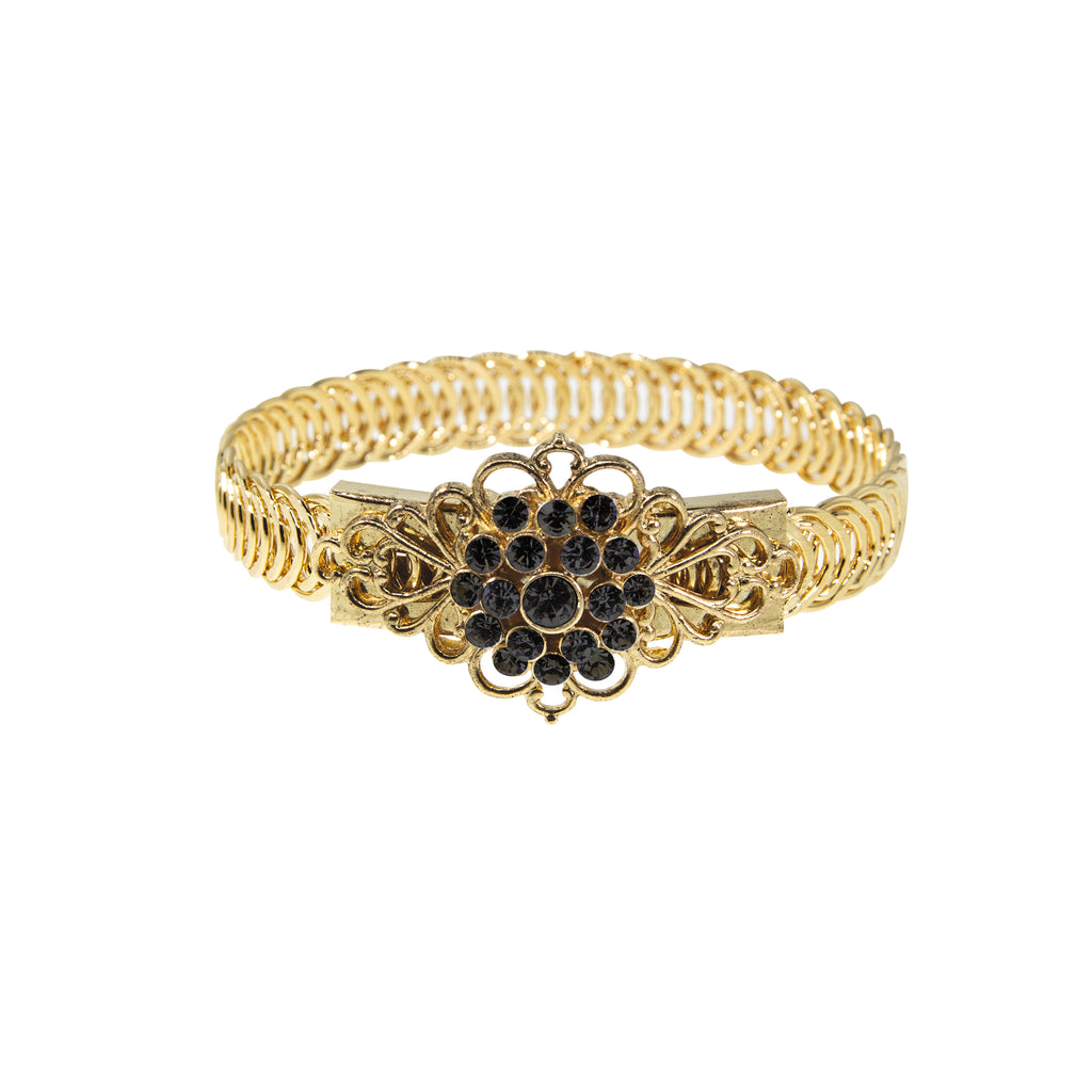 14K Gold Dipped Crystal Flower Overlay Belt Bracelet Black