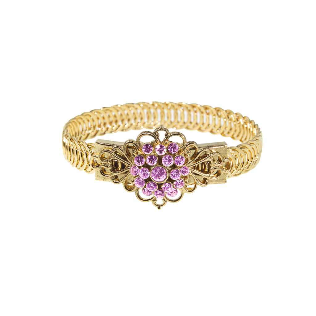 14K Gold Dipped Crystal Flower Overlay Belt Bracelet Pink