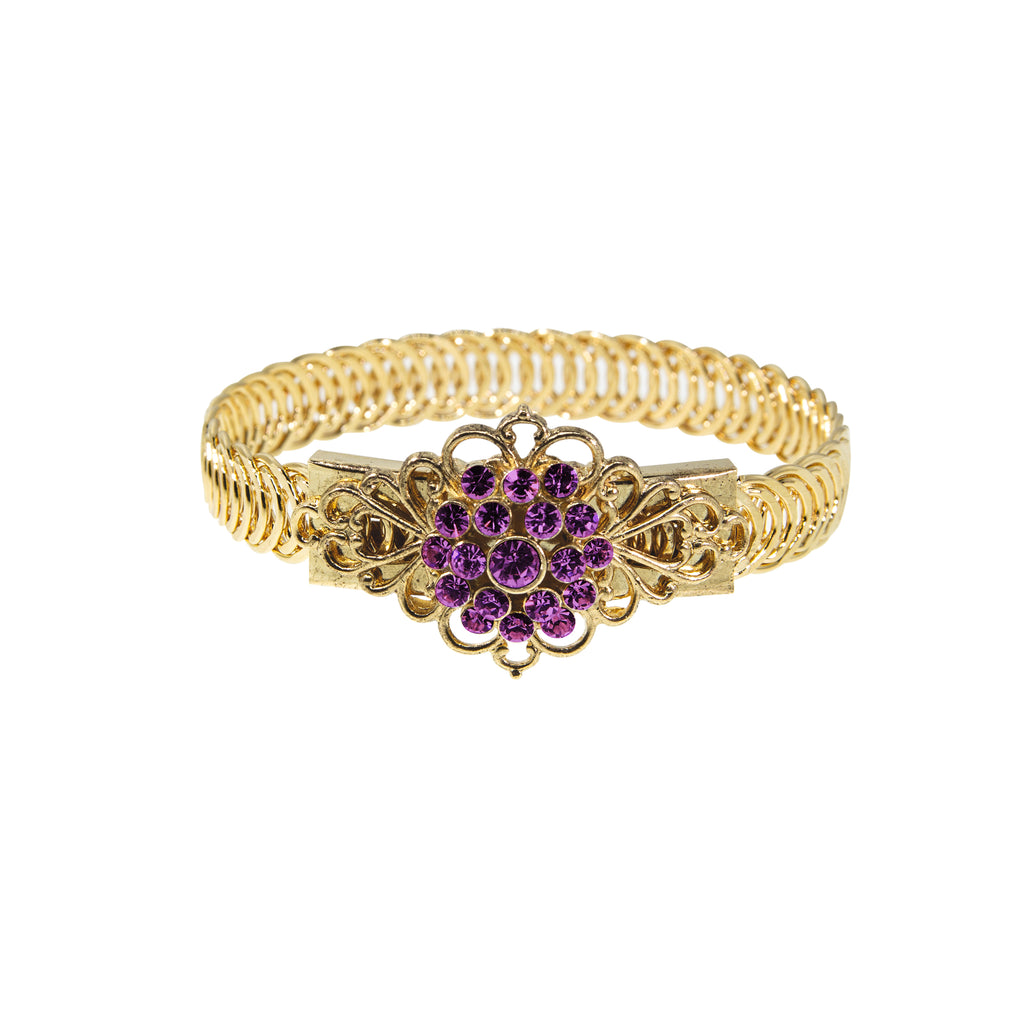 14K Gold Dipped Crystal Flower Overlay Belt Bracelet Purple
