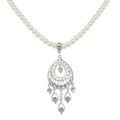 Crystal Filigree Drop On 6mm Faux Pearl Necklace 15 Inch Chain